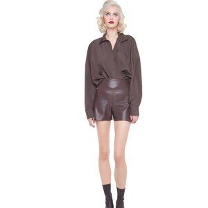 Norma Kamali Oversized Boyfriend NK Shirt Bodysuit - Chocolate - Large- NWT